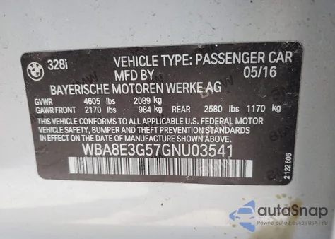 2016 BMW 328I xDrive z USA, uszkodzony, nr VIN WBA8E3G57GNU03541